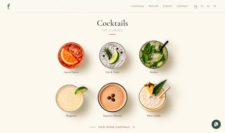 Web de ISLA Private Bartender con carta de cócteles